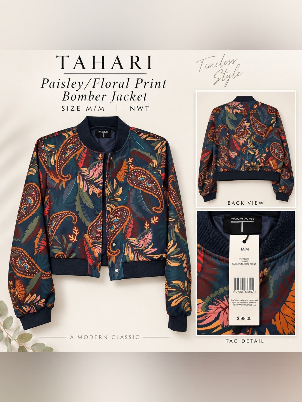 Tahari Women's Navy Paisley Floral Bomber Jacket - M